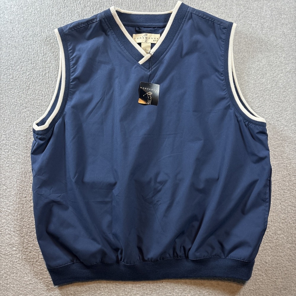 Consensus Navy Blue Men's Golf Sleeveless Vest Sz L Pockets V Neck Pullover